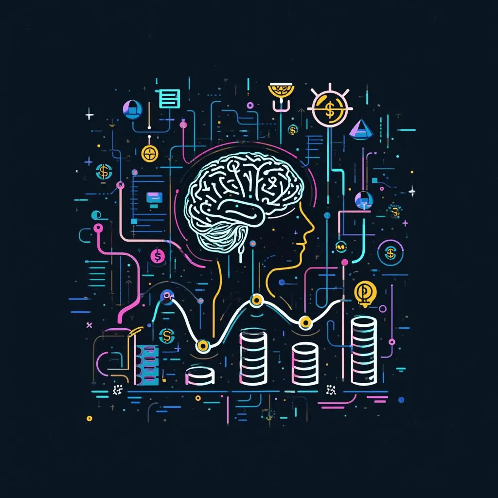 Illustration conceptuelle de l'évolution de FinancIA avec des graphiques et symboles IA